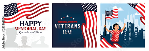 Patriotic Memorial and Veterans Day celebration with flags.