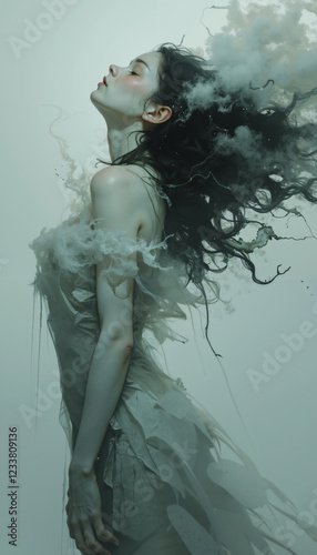 Ethereal Woman in Flowing Fabric Dark Hair Artistic Digital Painting
