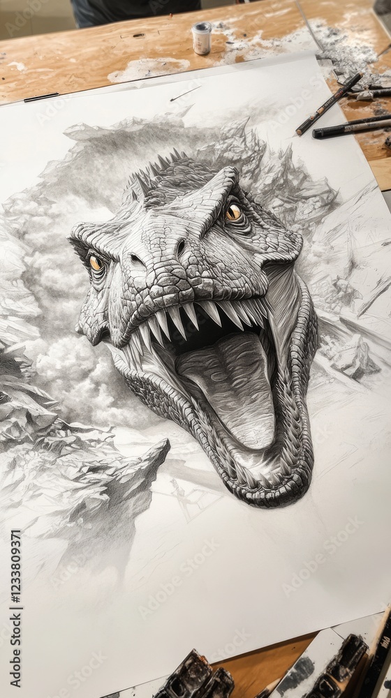 Fototapeta premium pencil drawing of a ferocious tyrannosaurus rex