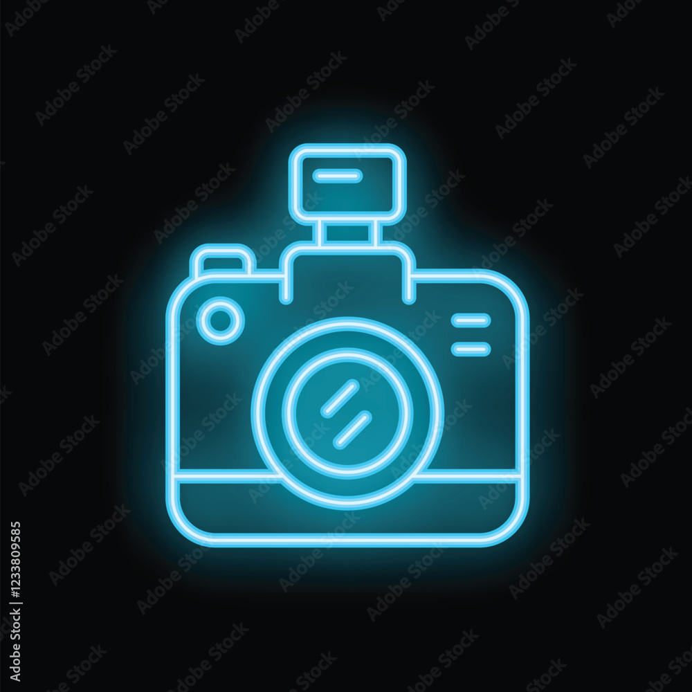 Blue neon sign of a camera flashing, glowing on a dark background Blue neon sign of a camera flashing, glowing on a dark background