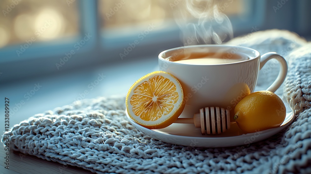 Warm tea with lemon, honey by window. Cozy winter day. Warm tea with lemon, honey by window. Cozy winter day.