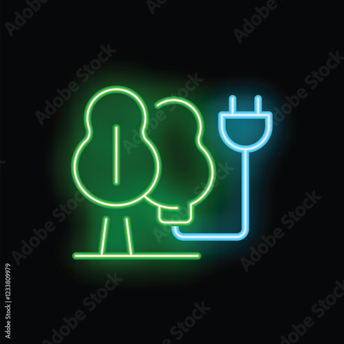 Glowing neon icon of trees being powered by electricity representing green energy