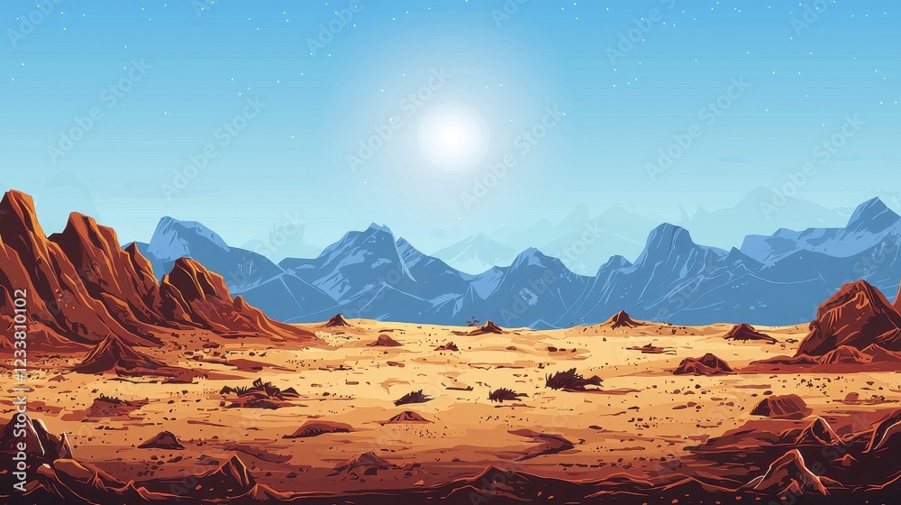 Naklejka premium Arid Desert Landscape Under Bright Sun And Blue Mountains