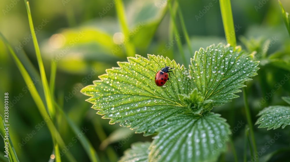 Ladybug on dew-covered leaf, sunrise meadow Ladybug on dew-covered leaf, sunrise meadow