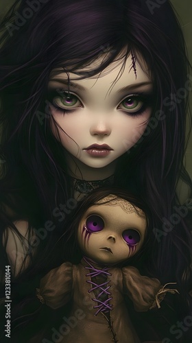 Stylized dolllike girl pale skin large purple and green eyes her long purpleblack hair flowing holding a brown voodoo doll with purple stitches and nails eerie expression dark greenbrown background photo