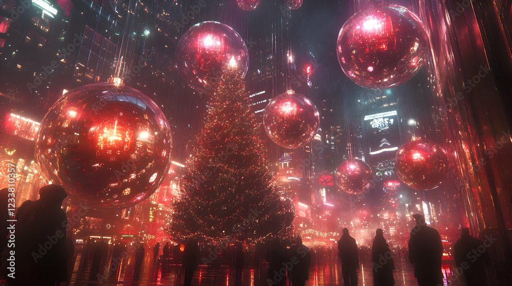 A Christmas tree in a futuristic city, where the decorations are made of floating orbs of light, each one representing a wish or memory from the past year A Christmas tree in a futuristic city, where the decorations are made of floating orbs of light, each one representing a wish or memory from the past year