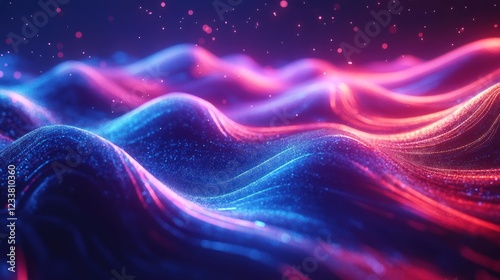 Abstract glowing waves, digital landscape, particle background, tech design