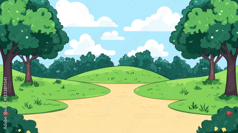 Serene Park Path Winding Through Lush Green Hills Serene Park Path Winding Through Lush Green Hills