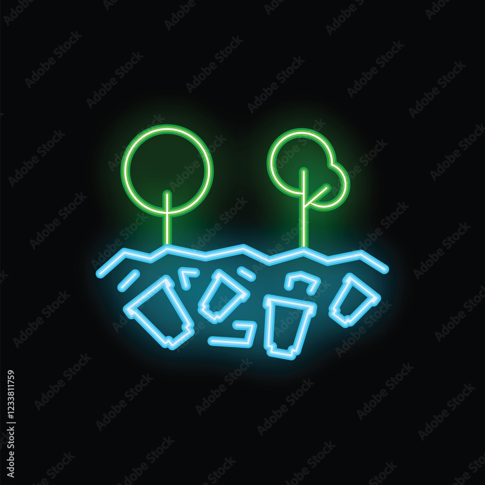 This neon sign shows plastic trash polluting the soil of a forest, highlighting the issue of plastic pollution This neon sign shows plastic trash polluting the soil of a forest, highlighting the issue of plastic pollution