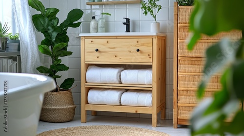 A compact light-wood bathroom cabinet with three drawers and two white towel racks sits next to the toilet in a Scandinavian-inspired space. White tiles and floor