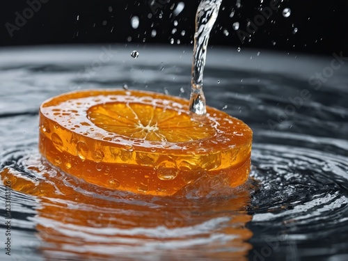 Refreshing orange soap with fresh orange slices and a dynamic water splash, symbolizing purity, citrus freshness, and skincare luxury. A perfect blend of nature and rejuvenation.

