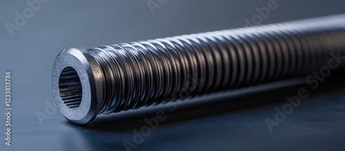 Close-up view of a metallic threaded rod with deep grooves and a cylindrical shape on a dark background with Copy Space
