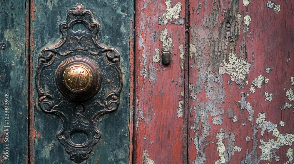 Aged wooden door with peeling paint and an ornate brass doorknob Copy Space Aged wooden door with peeling paint and an ornate brass doorknob Copy Space