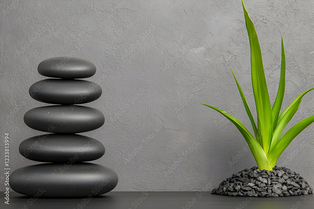 Gourmet food flat lay. Balanced stones and green plant create serene atmosphere Gourmet food flat lay. Balanced stones and green plant create serene atmosphere