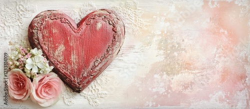 Rustic wooden heart decoration with flowers on a textured pastel background and ample copy space for text placement