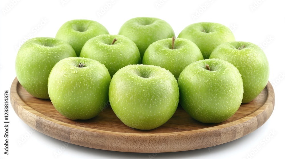 Fresh green apples arranged in a circular wooden plate with copy space for text. Fresh green apples arranged in a circular wooden plate with copy space for text.