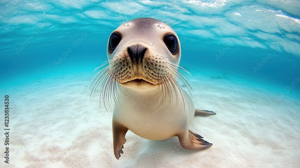 Fototapeta premium Cute sea lion pup swimming in clear turquoise water with white sand ocean floor looking at camera