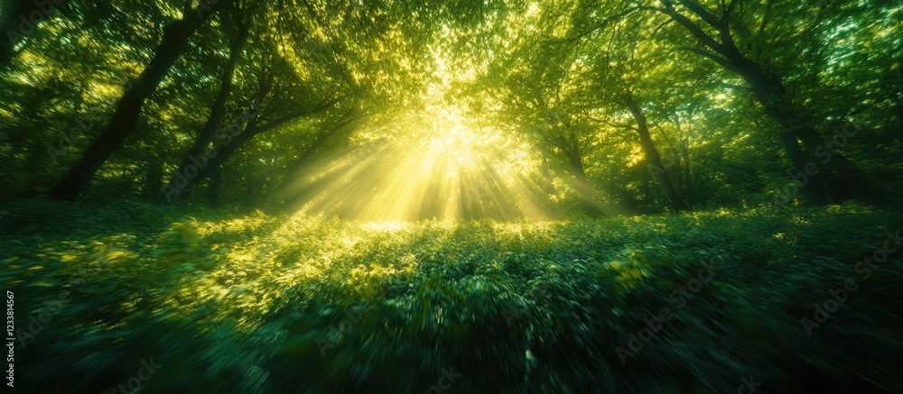 Obraz premium Sunlight Rays Illuminating Lush Green Forest Landscape with Copy Space for Text