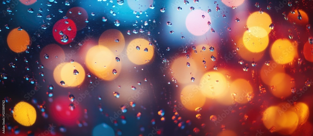 Obraz premium Colorful Bokeh Lights with Rain Droplets on Glass Surface and Copy Space for Text