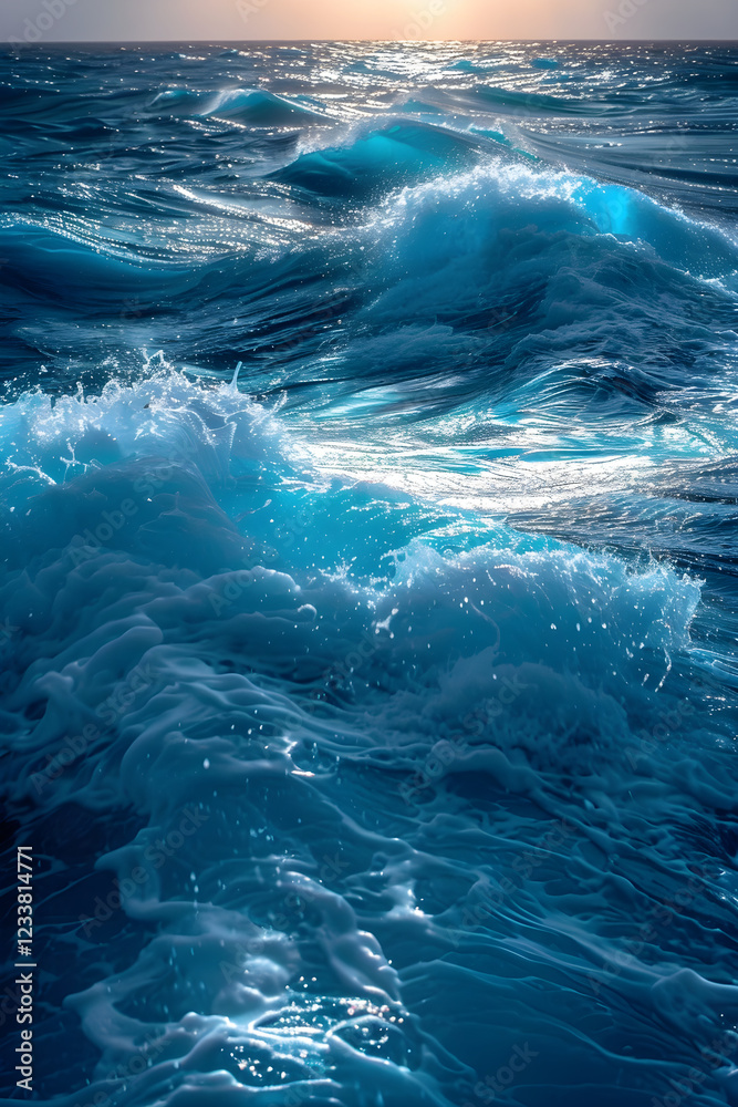 Mesmerizing Ocean Waves Rolling Towards the Shore with Sunlight Reflection and Frothy White Foam - A Tranquil yet Powerful Scene Mesmerizing Ocean Waves Rolling Towards the Shore with Sunlight Reflection and Frothy White Foam - A Tranquil yet Powerful Scene