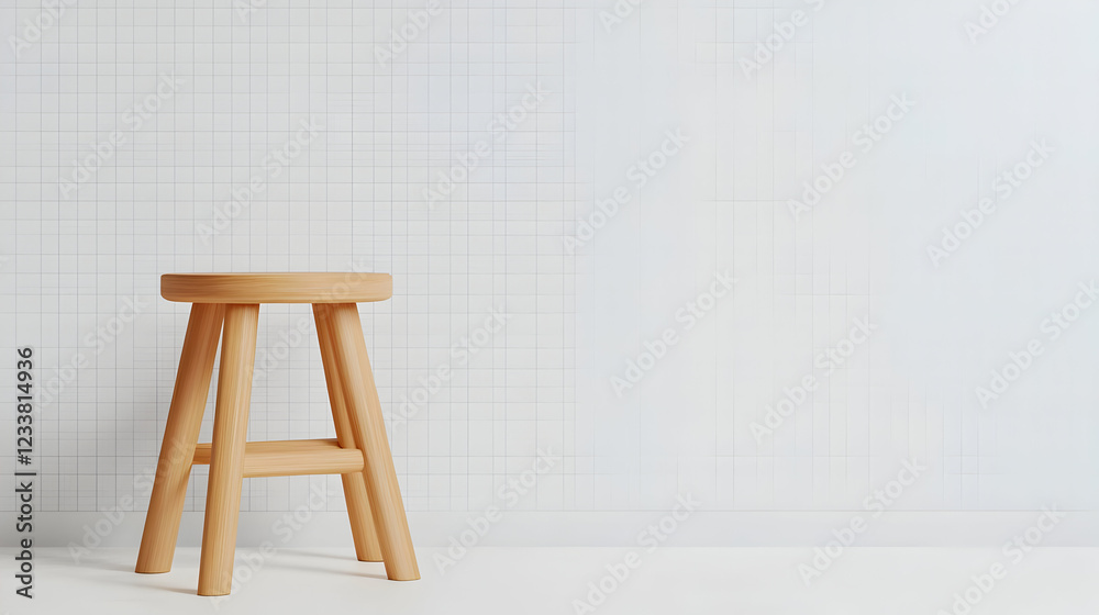 Gourmet food flat lay. Minimalist wooden stool against light grid patterned wall Gourmet food flat lay. Minimalist wooden stool against light grid patterned wall