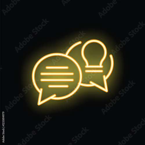 Bright yellow neon icon of two speech bubbles is glowing on a black background, representing a discussion about new ideas