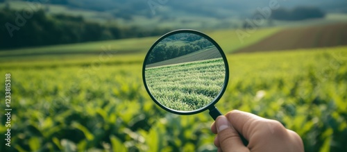 Hand holding a magnifying glass over a green agricultural field with scenic hills in the background Copy Space