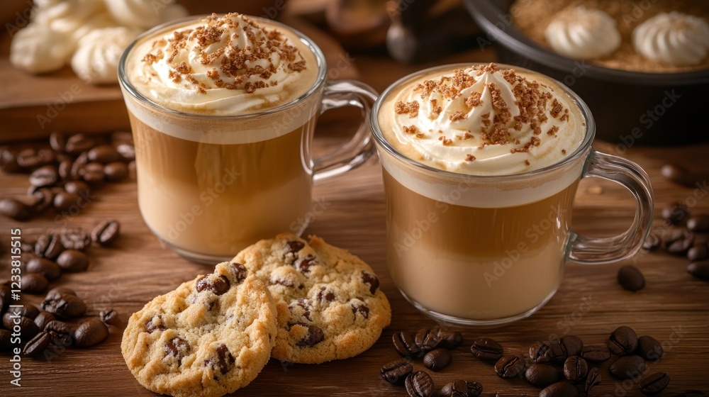 Two lattes with whipped cream and cookies. Coffee shop treats. Food photography Two lattes with whipped cream and cookies. Coffee shop treats. Food photography