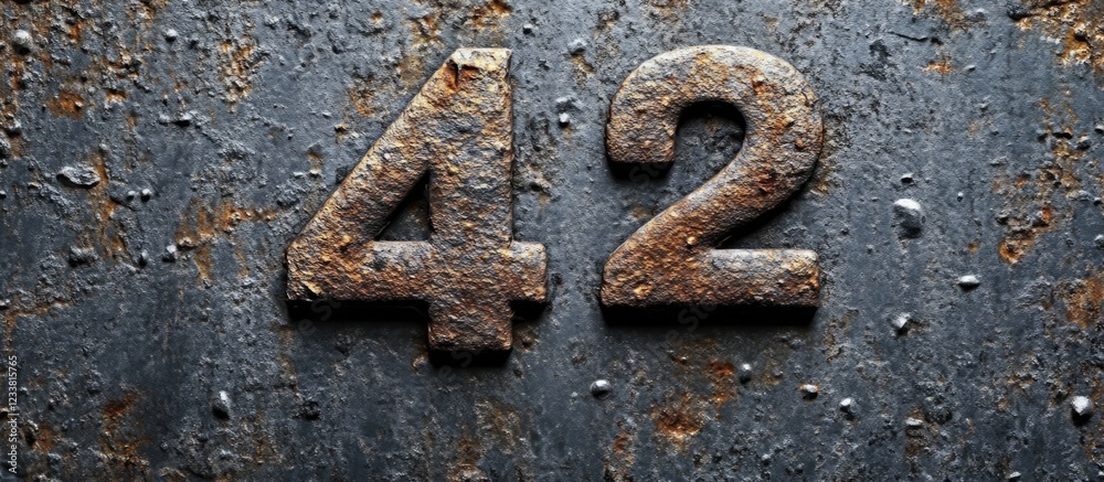 Rusty metal plate featuring the number 42 with texture details and a weathered appearance Copy Space Rusty metal plate featuring the number 42 with texture details and a weathered appearance Copy Space