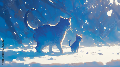 雪道を歩く猫の親子	のイラスト