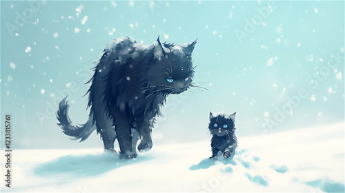 雪道を歩く猫の親子	のイラスト