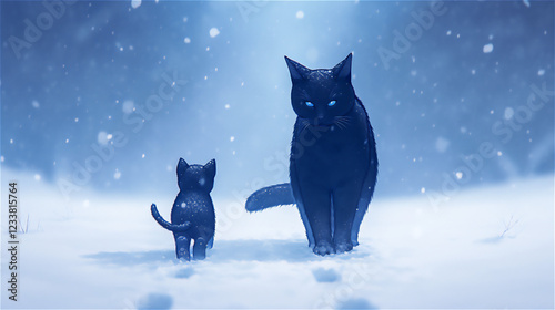 雪道を歩く猫の親子	のイラスト