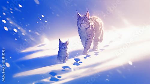 雪道を歩く猫の親子	のイラスト