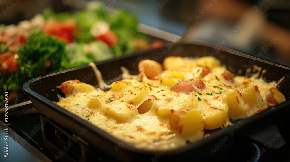 Baked potato dish with cheese and herbs in a black baking tray alongside a fresh mixed salad on a blurred background Copy Space Baked potato dish with cheese and herbs in a black baking tray alongside a fresh mixed salad on a blurred background Copy Space
