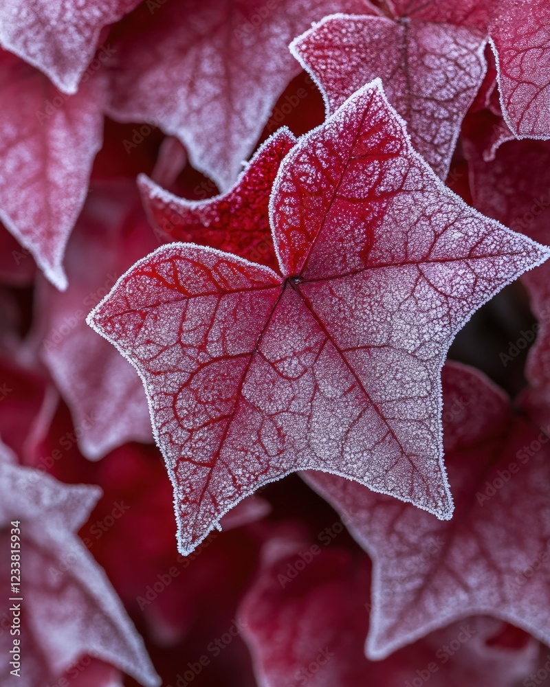 Fototapeta premium Red leaves covered with frost in a close up view showing intricate details of the leaf structure