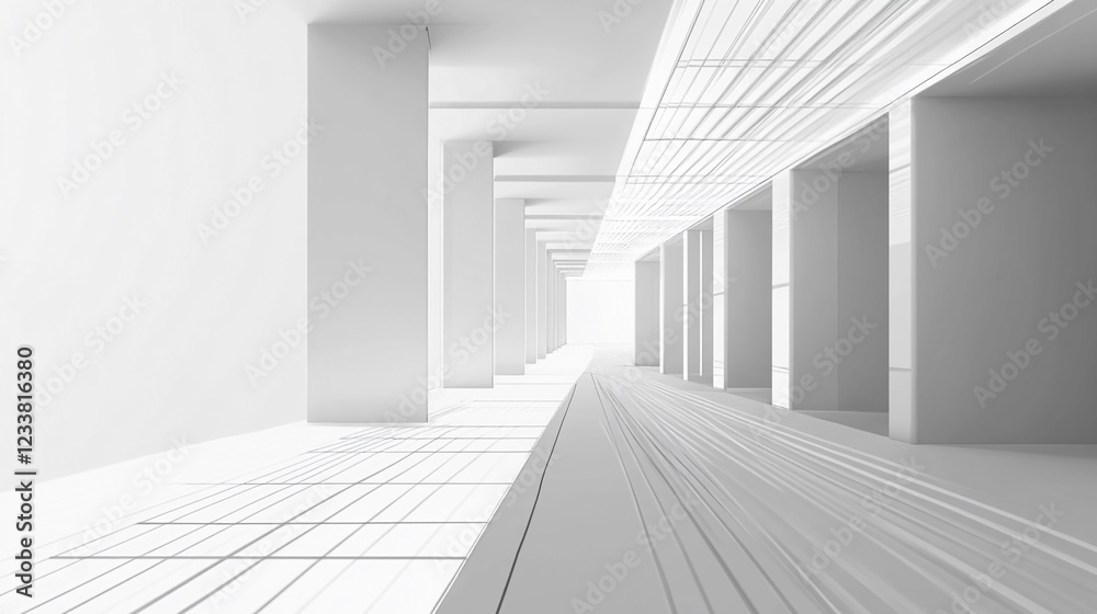 Obraz premium A serene white background with smooth curves and soft shadows, showcasing minimalist elegance, Simple and elegant white background enhanced by vertical striped shadows for a sophisticated touch,