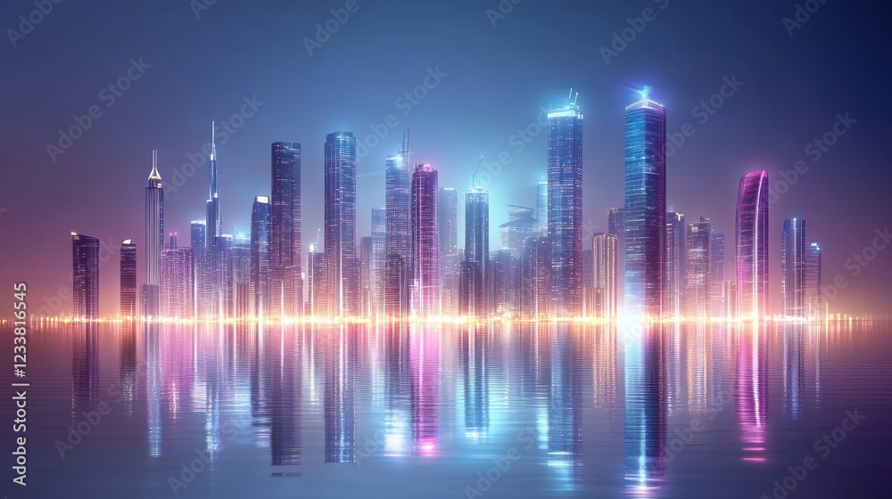 Neon cityscape reflecting in calm water at night Neon cityscape reflecting in calm water at night