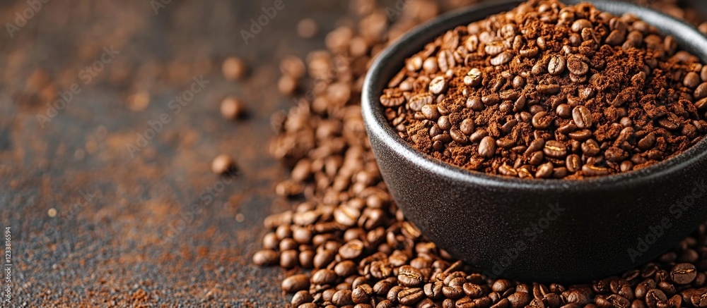 Close-up of roasted coffee beans in a small black bowl on a rustic wooden surface with Copy Space for text. Close-up of roasted coffee beans in a small black bowl on a rustic wooden surface with Copy Space for text.