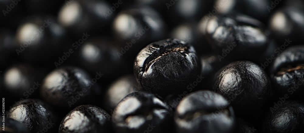 Close-up of roasted coffee beans on dark background with rich texture and natural shine Copy Space