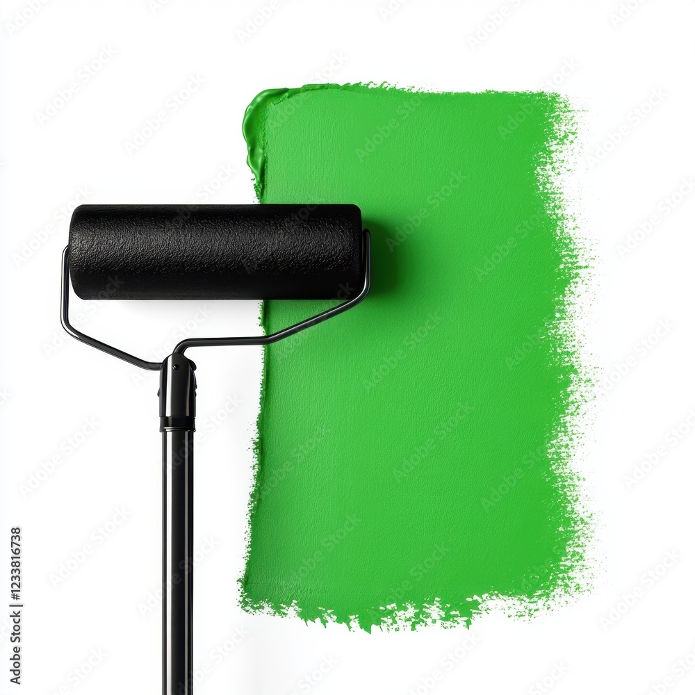 Obraz premium A black paint roller is positioned next to a vibrant green paint stroke on a white background.