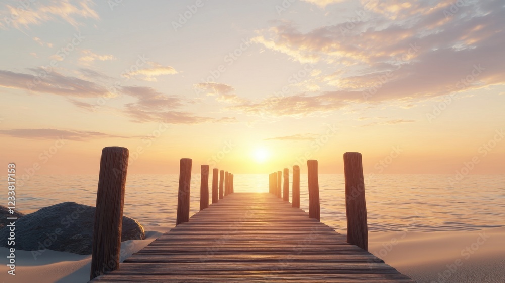 Obraz premium A serene wooden pier extends into calm waters, framed by a stunning sunset and gentle clouds, evoking a sense of peace and tranquility.