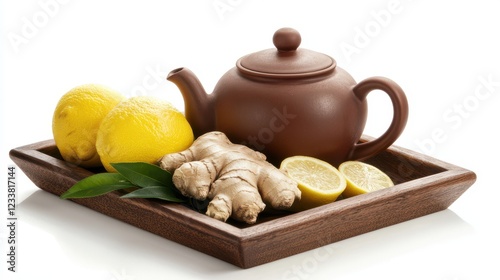 A teapot accompanied by lemons and ginger sits on a wooden tray against a white background. photo