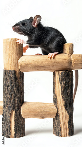 A black mouse perched on a wooden structure, highlighting its playful nature in a natural setting.