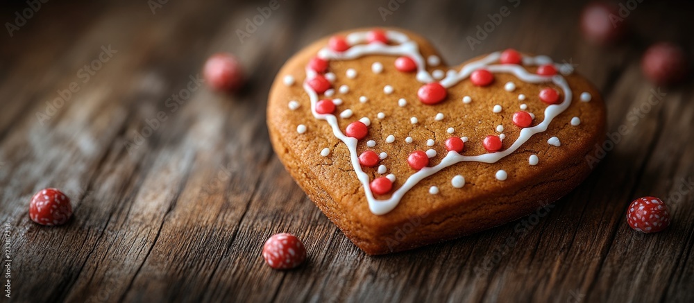 Heart-shaped gingerbread cookie decorated with icing and small colorful candies on a wooden surface with copy space Heart-shaped gingerbread cookie decorated with icing and small colorful candies on a wooden surface with copy space