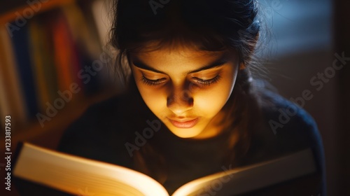 A teenager deeply engaged in learning and exploration, intently reading a book. photo