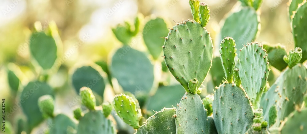 Close-up of cactus pads with soft sunlight filtering through, natural bokeh background, Copy Space available for text overlay. Close-up of cactus pads with soft sunlight filtering through, natural bokeh background, Copy Space available for text overlay.