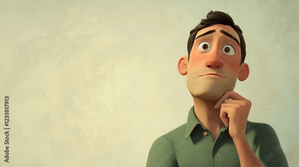 A thoughtful cartoon character shows a young adult man deep in thought, questioning, and doubting, rendered in a 3D style. A thoughtful cartoon character shows a young adult man deep in thought, questioning, and doubting, rendered in a 3D style.