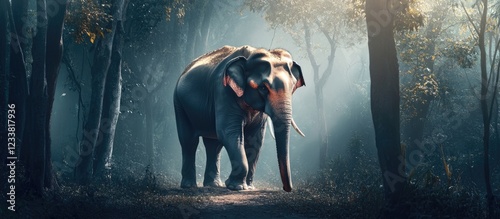 Elephant walking through foggy forest with trees illuminated by soft light Copy Space photo