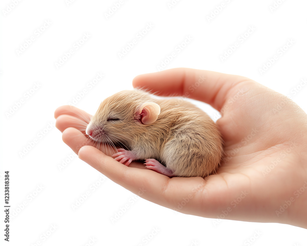 A cute, sleeping mouse nestled comfortably in a human hand, symbolizing care and connection between humans and animals. A cute, sleeping mouse nestled comfortably in a human hand, symbolizing care and connection between humans and animals.
