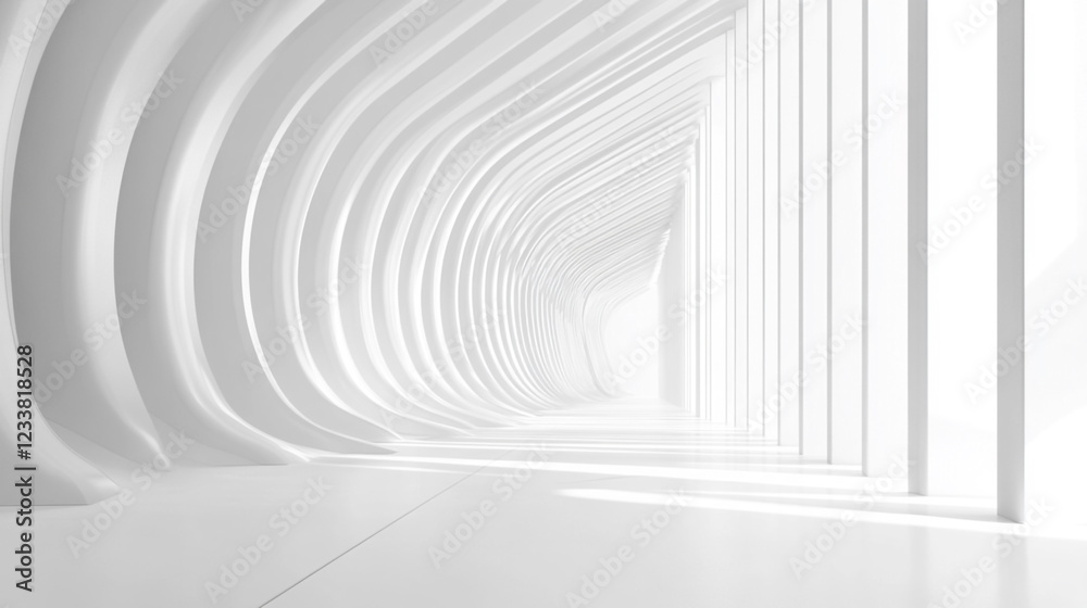 Naklejka premium Minimalist White Corridor with Light and Shadow Patterns, A futuristic white hallway with a glowing light at the end, white hallway with a bright light 